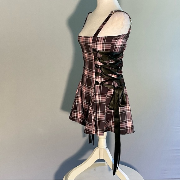 Dolls Kill Lg Gothic/Punk/Witchy Pink/Black Plaid Mini Dress Black Ribbon Laceup - Picture 9 of 12